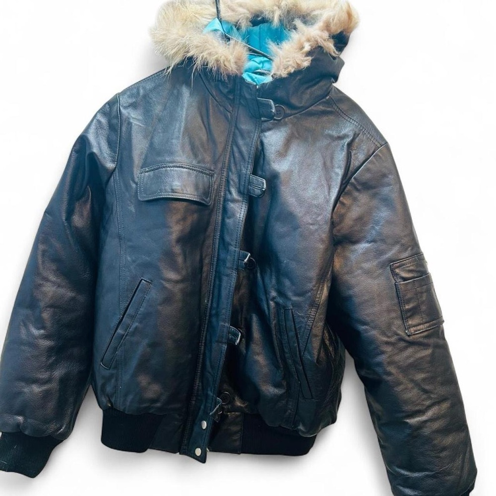 Womens Leather Bomber Jacket Down Filled w/ Real Raccoon Fur Hood Size L